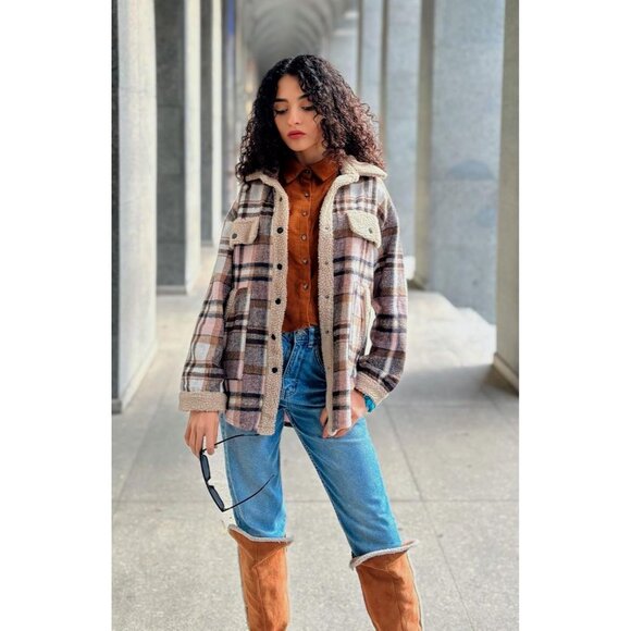 Womens Flannel Jacket Fleece Lined Shacket Fall Outfits Plaid Sherpa Button Down - Picture 6 of 8